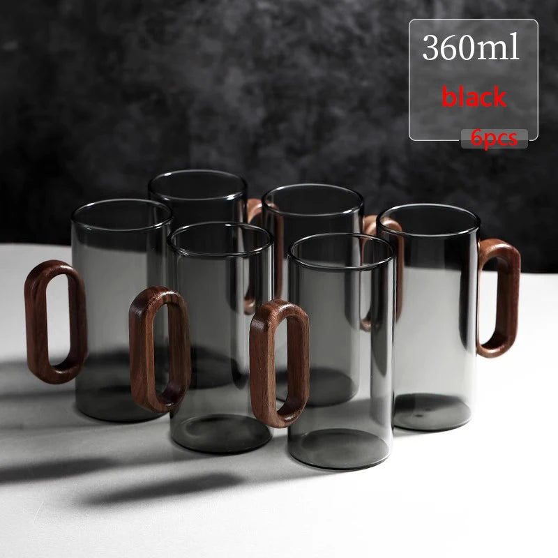 Heat-Resistant Glass Mug Set with Wooden Handle – 2/4/6 Pcs