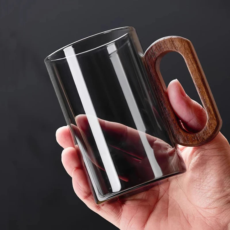 Heat-Resistant Glass Mug Set with Wooden Handle – 2/4/6 Pcs