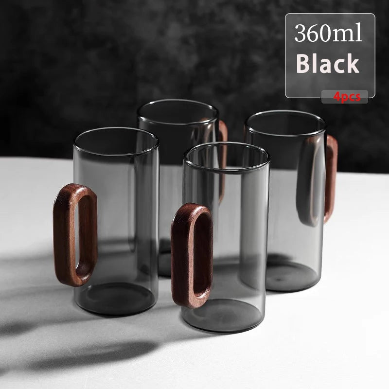 Heat-Resistant Glass Mug Set with Wooden Handle – 2/4/6 Pcs