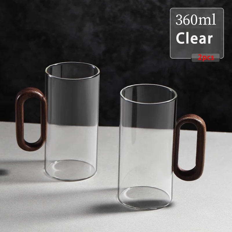 Heat-Resistant Glass Mug Set with Wooden Handle – 2/4/6 Pcs