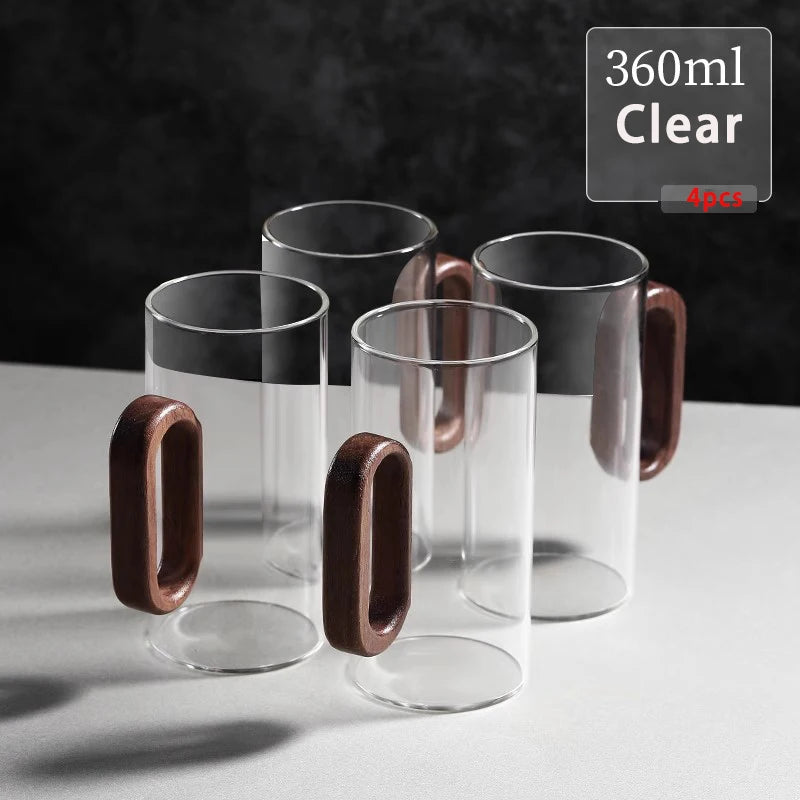 Heat-Resistant Glass Mug Set with Wooden Handle – 2/4/6 Pcs