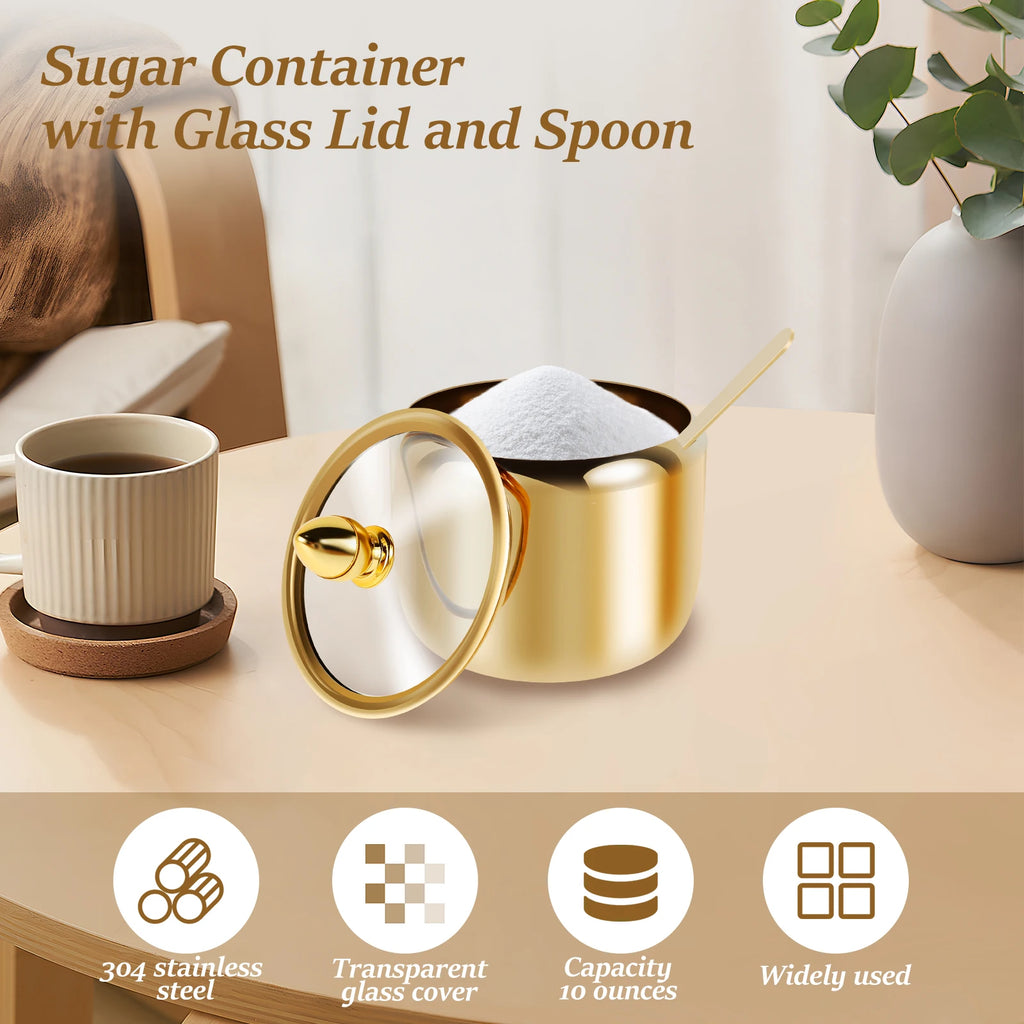 Luxury 10oz Stainless Steel Sugar & Spice Jar with Glass Lid and Spoon