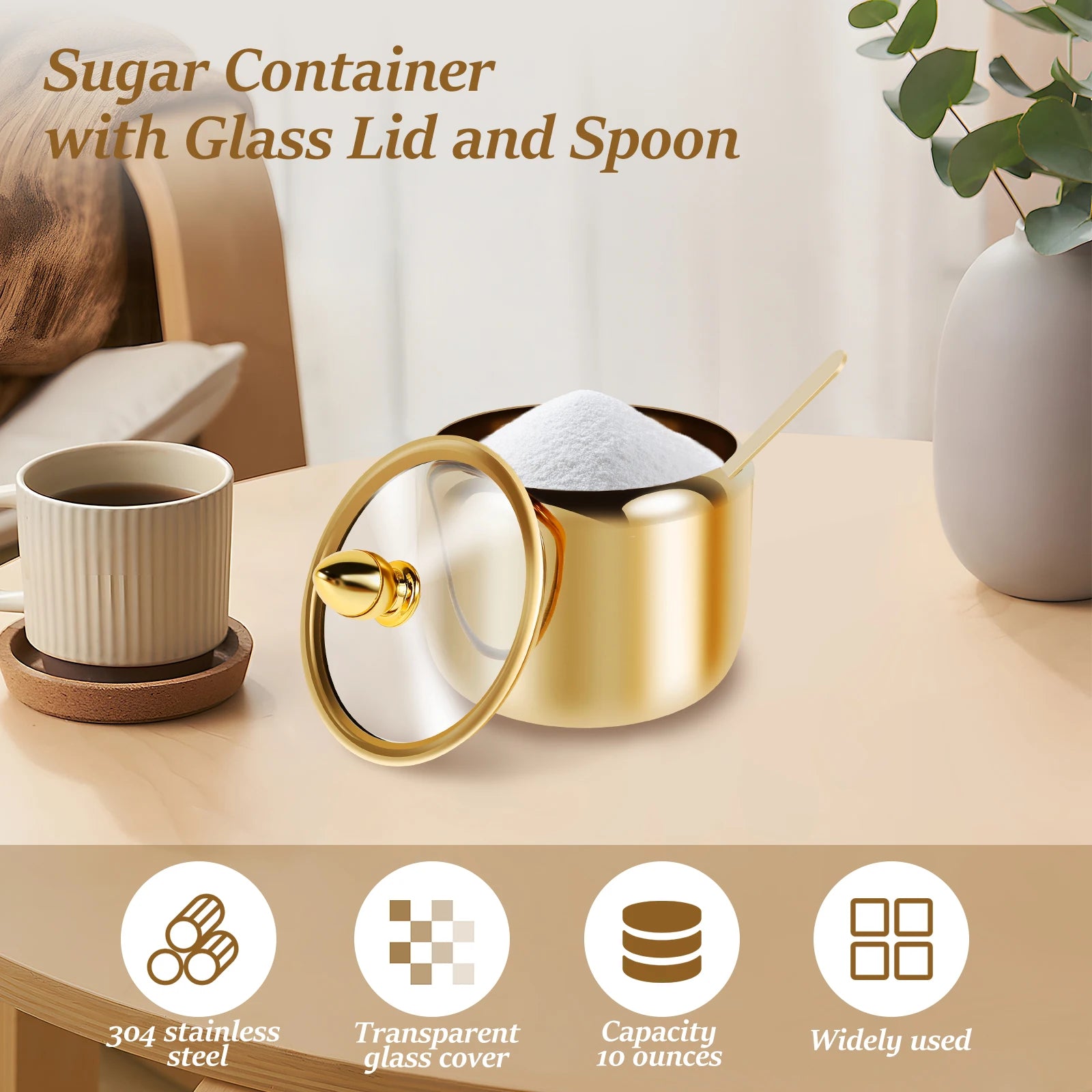 Luxury 10oz Stainless Steel Sugar & Spice Jar with Glass Lid and Spoon