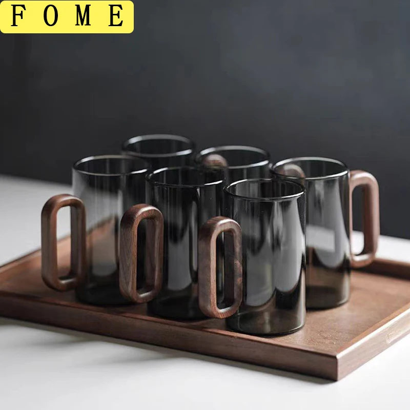 Heat-Resistant Glass Mug Set with Wooden Handle – 2/4/6 Pcs