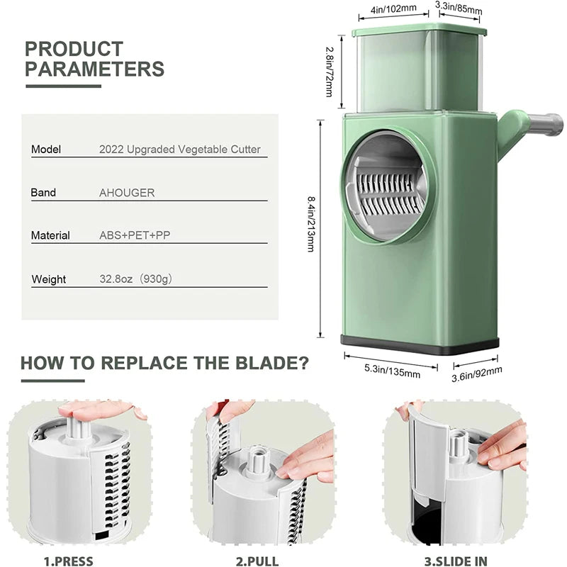 Manual Rotary Vegetable Slicer – 3 Blades