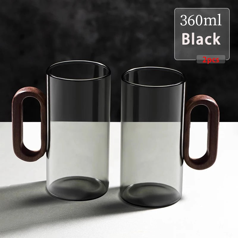 Heat-Resistant Glass Mug Set with Wooden Handle – 2/4/6 Pcs