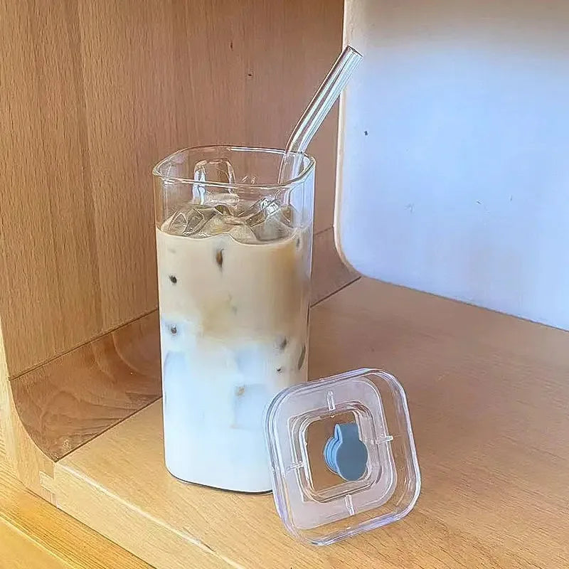 Square Iced Coffee Glass – Lid & Straw Included