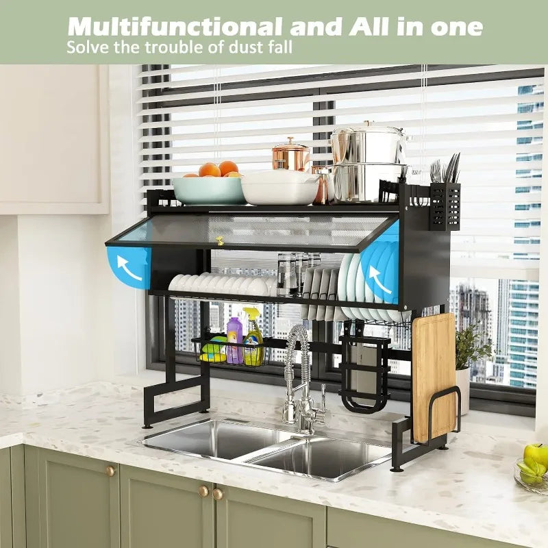 Over-the-Sink 2-Tier Dish Drying Rack – Stainless Steel with Protective Cover