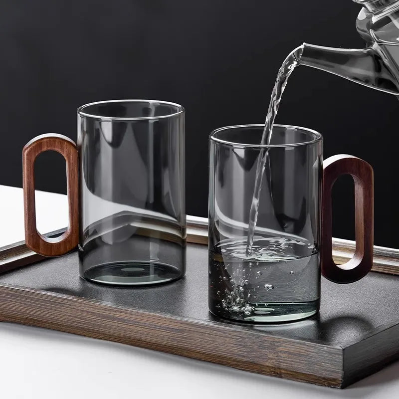 Heat-Resistant Glass Mug Set with Wooden Handle – 2/4/6 Pcs