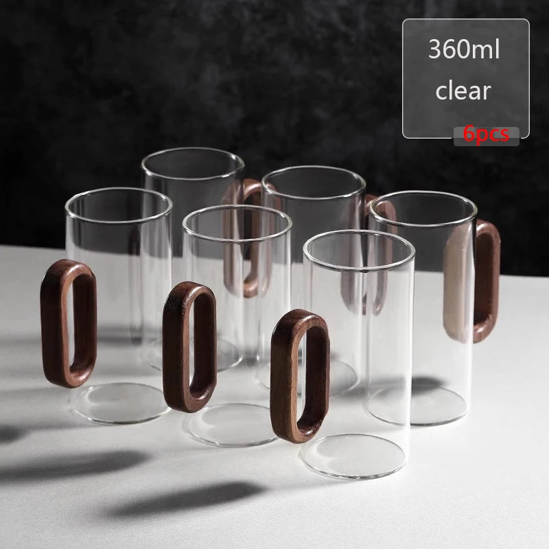 Heat-Resistant Glass Mug Set with Wooden Handle – 2/4/6 Pcs