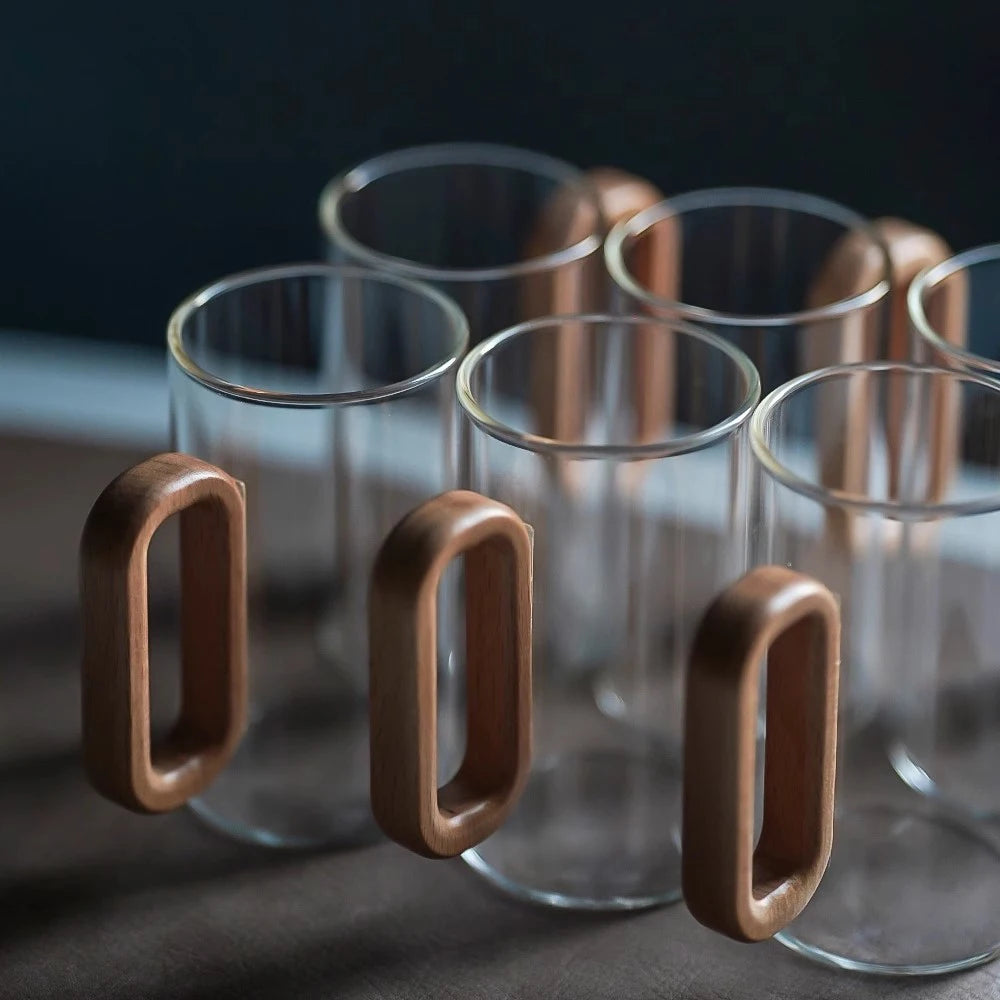Heat-Resistant Glass Mug Set with Wooden Handle – 2/4/6 Pcs