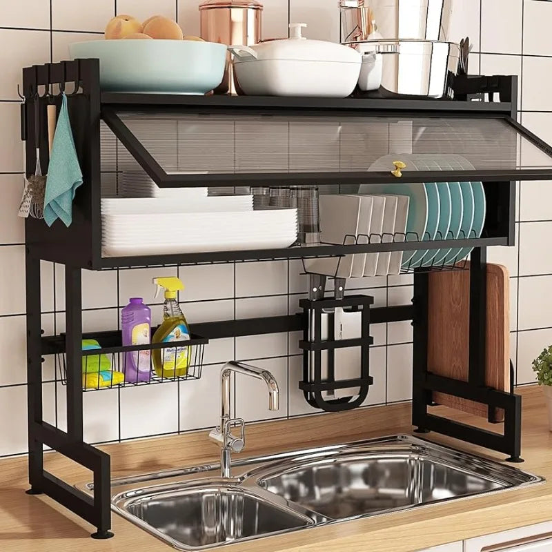Over-the-Sink 2-Tier Dish Drying Rack – Stainless Steel with Protective Cover